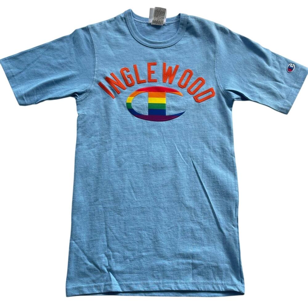 Champion Inglewood Rainbow Logo T-Shirt Size XS Pride Light Blue Casual - Picture 2 of 4